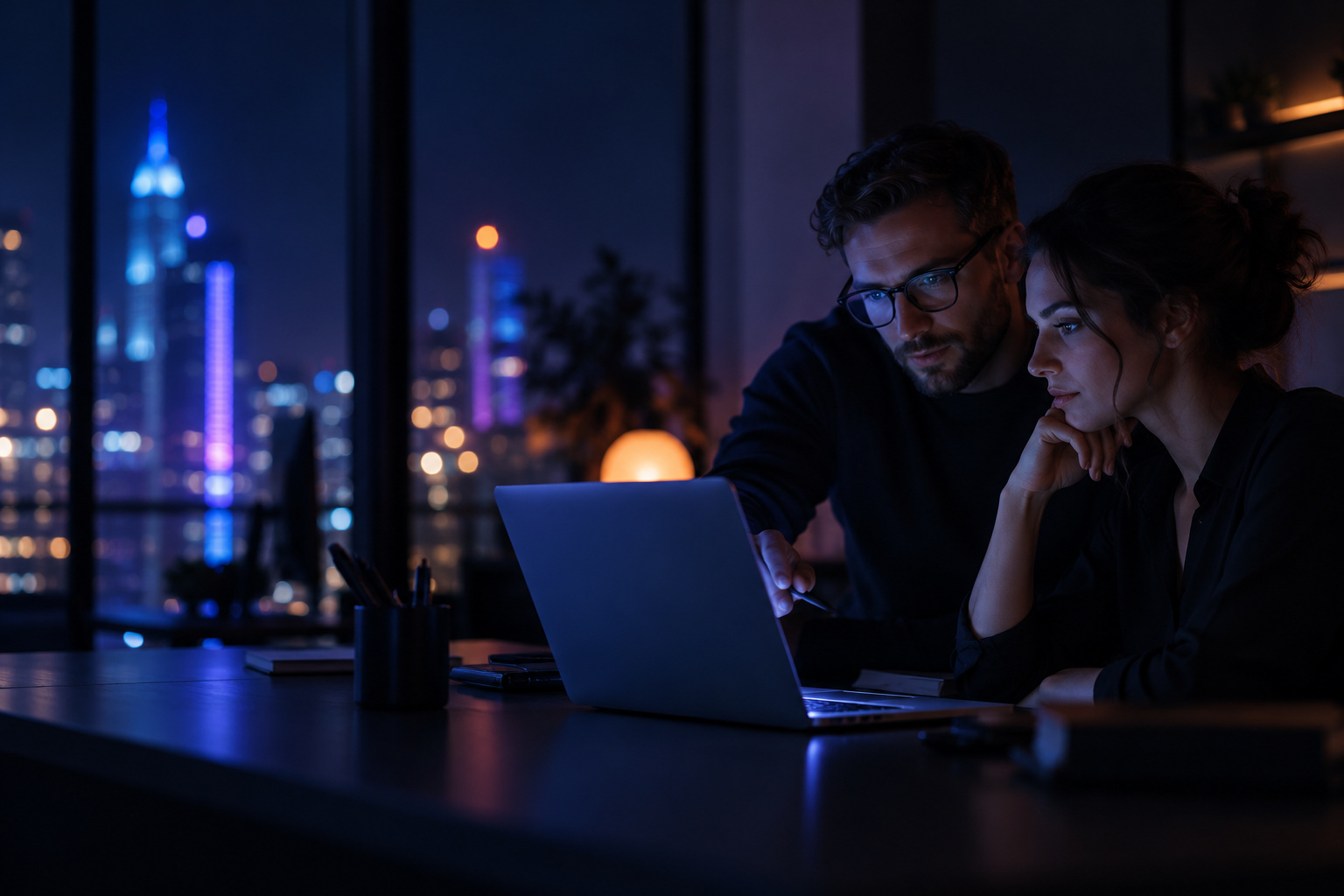 Two colleagues working through a plan at a laptop