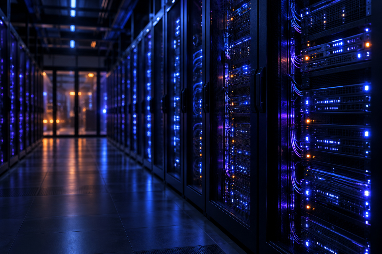 Rows of servers with network cabling in a data centre