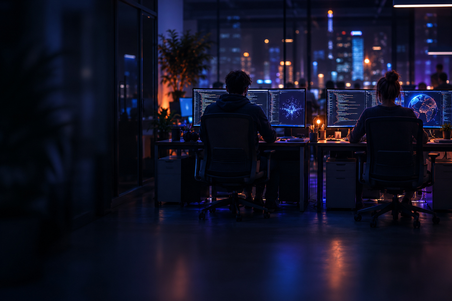 Two developers working side by side at their desks