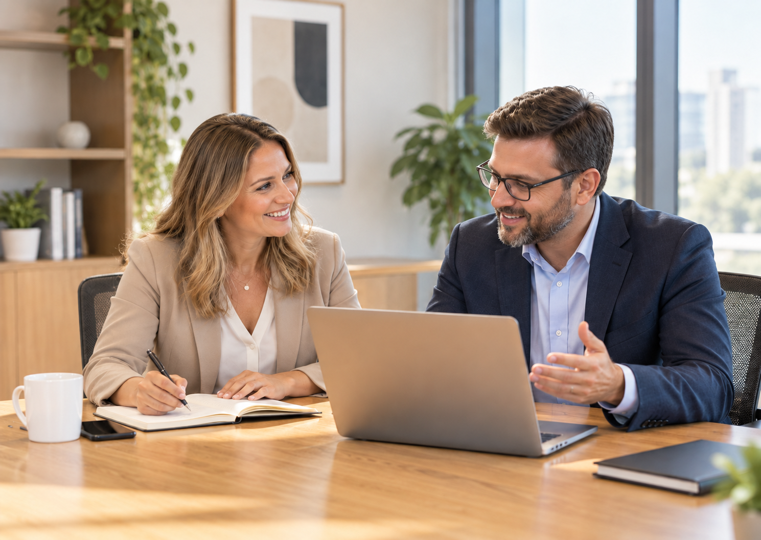 Two colleagues reviewing a candidate profile at a laptop