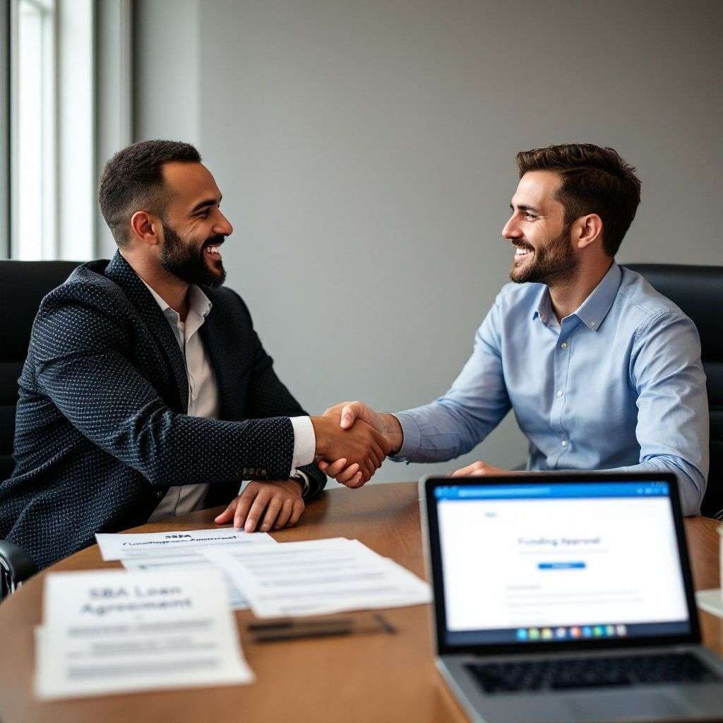Two professionals shaking hands across a desk