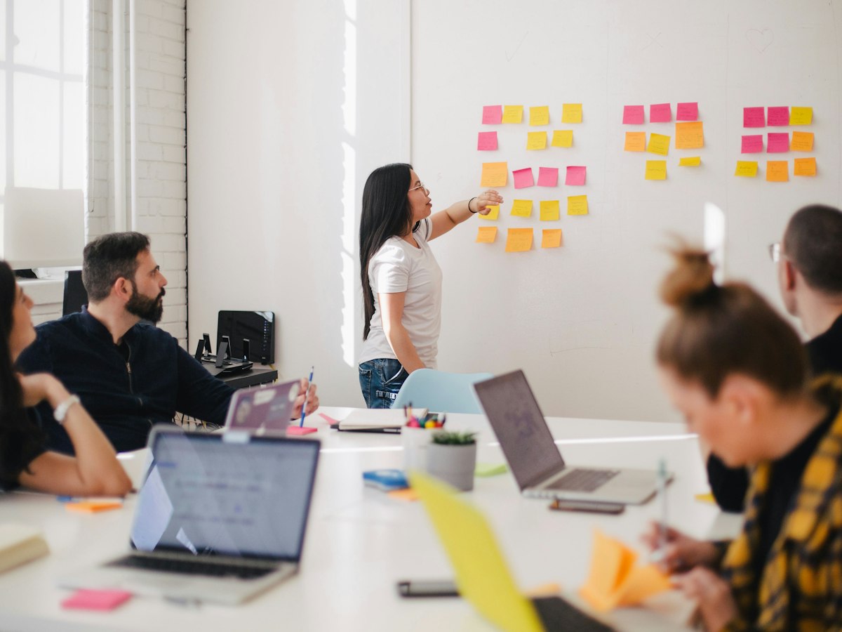 A team in a workshop session in front of a whiteboard